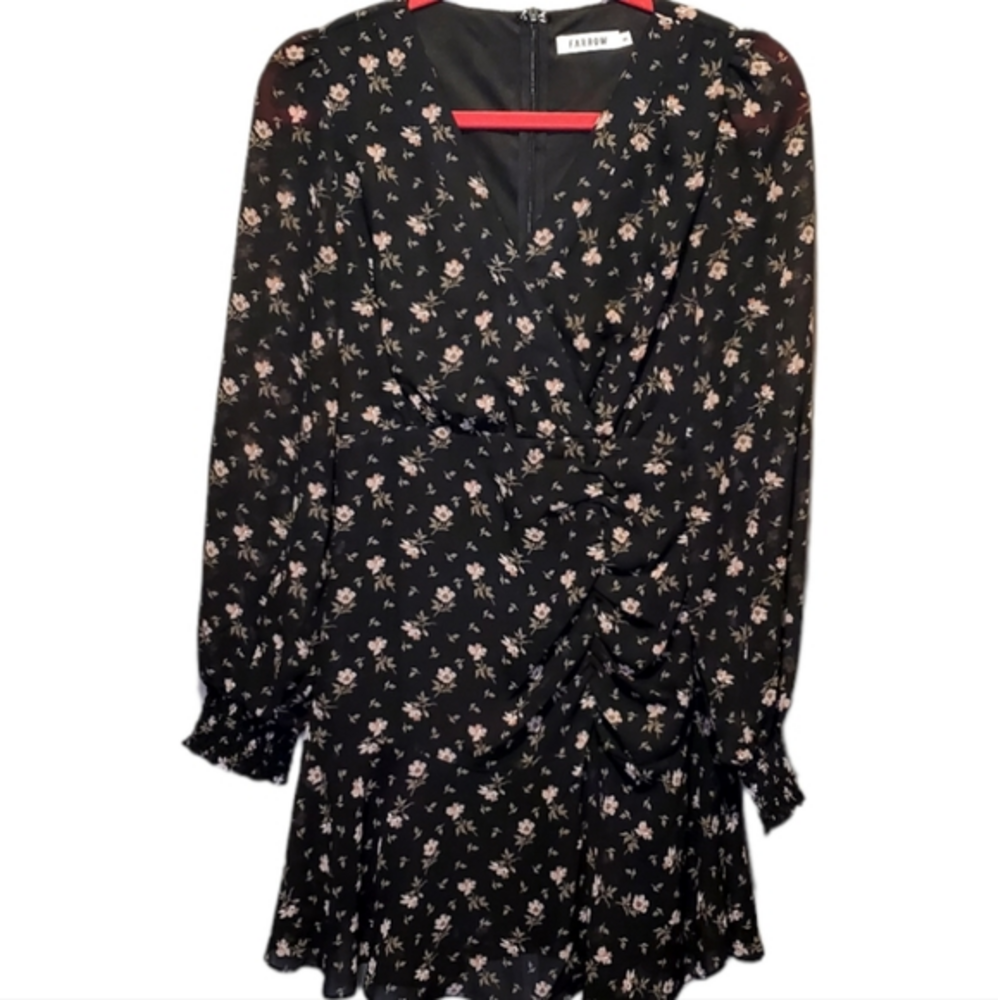 Farrow Black Lined Floral Cocktail‎ Ruching Mini Dress Small NWOT